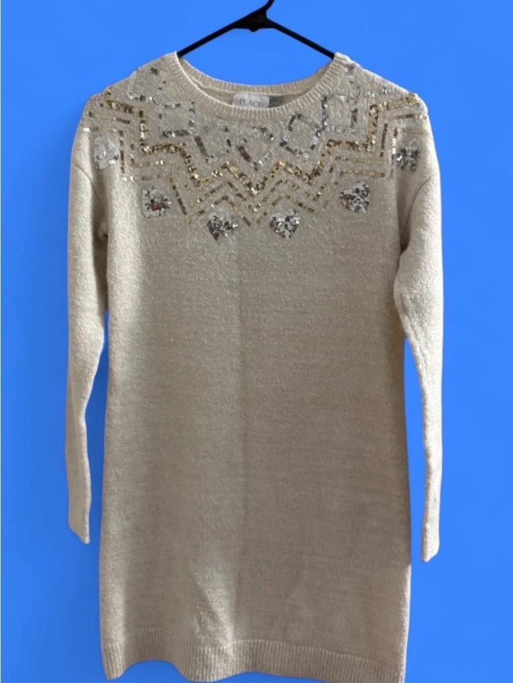 Place Cream Sequin Yoke Sweater Dress